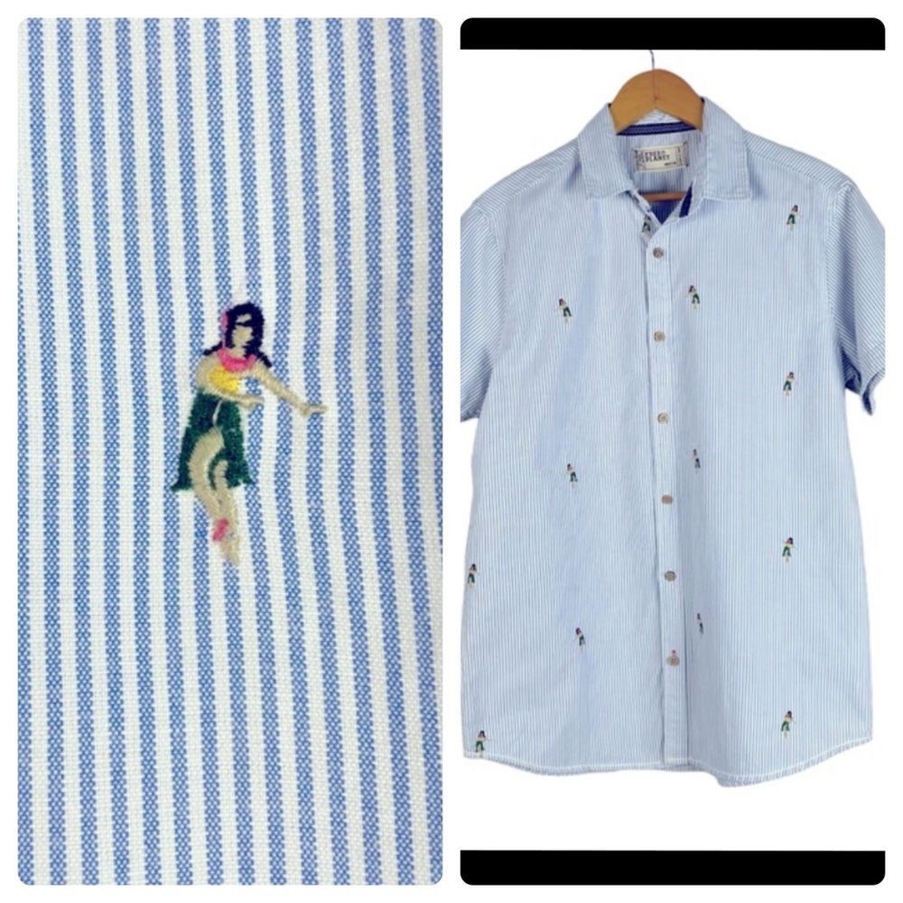 Free Planet Embroidered Hula Girl Striped Short Sleeve Button Down Shirt‎ Size M